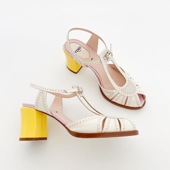 Fendi Shoes - Fendi Chameleon Pumps EU 36 US 6 Cream Yellow Mary Jane Block Mid Heel Sandal